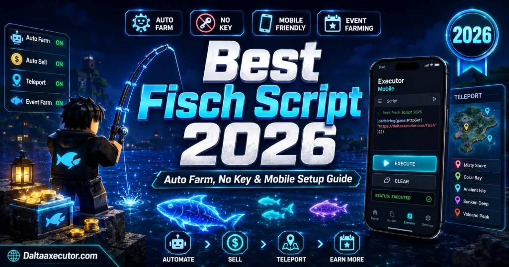 Best Fisch Script 2026 gaming banner showing a block-style fisherman, glowing fish, auto farm, auto sell, teleport, no key, mobile executor interface, and Daltaaxecutor.com branding.