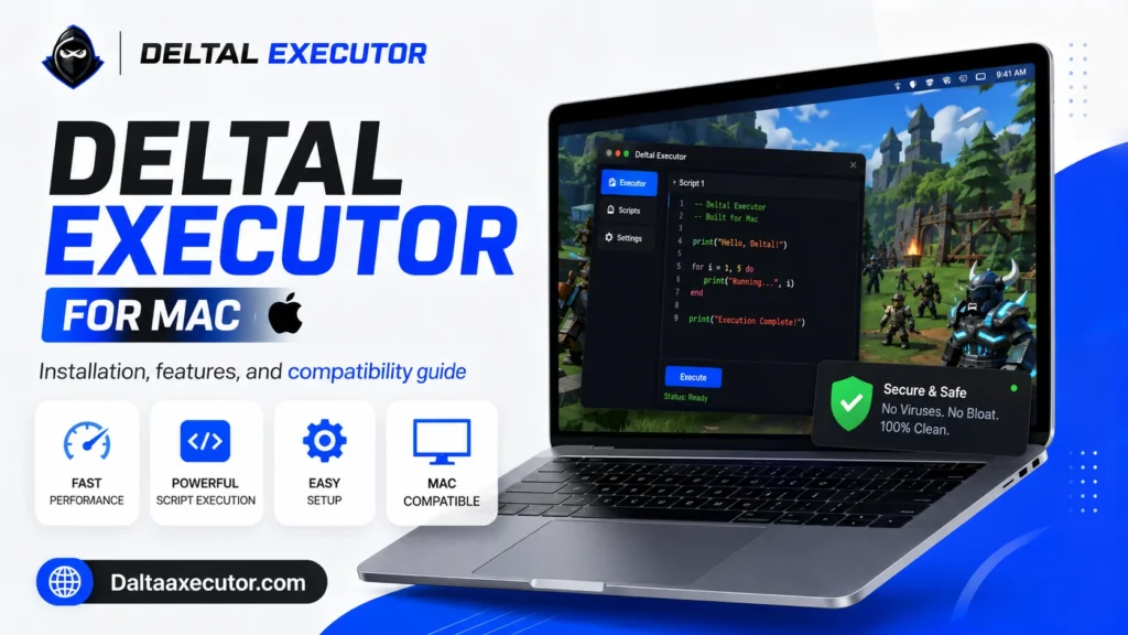 Deltal Executor Mac version guide image with laptop software interface, feature icons, and Daltaaxecutor.com website label.