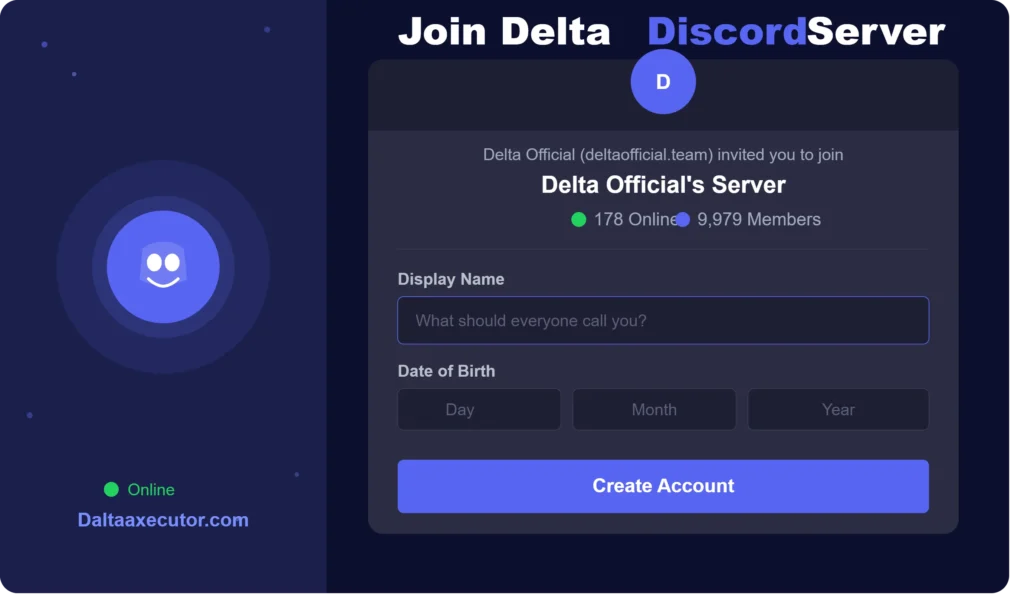 Delta Executor Discord server invite screen for Daltaaxecutor.com showing the official Delta Dynamics server with 178 online members and 9,979 total members. The image displays a Discord account creation form with Display Name and Date of Birth fields and a Create Account button in Discord purple.