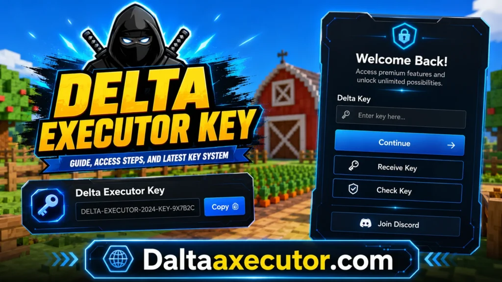 Deltal Executor Key promotional banner showing gaming-style interface with key system login panel, Delta Executor branding, and Daltaaxecutor.com website name on a futuristic game background.