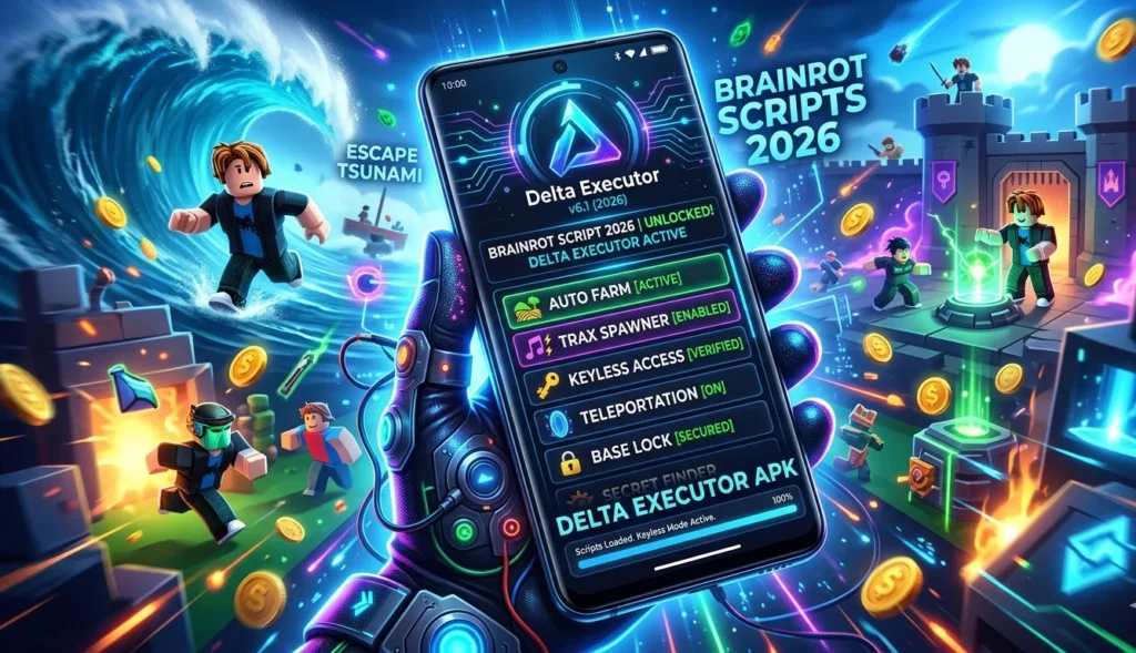 Delta Executor APK 2026 Mobile UI featuring steal a Brainrot Scripts